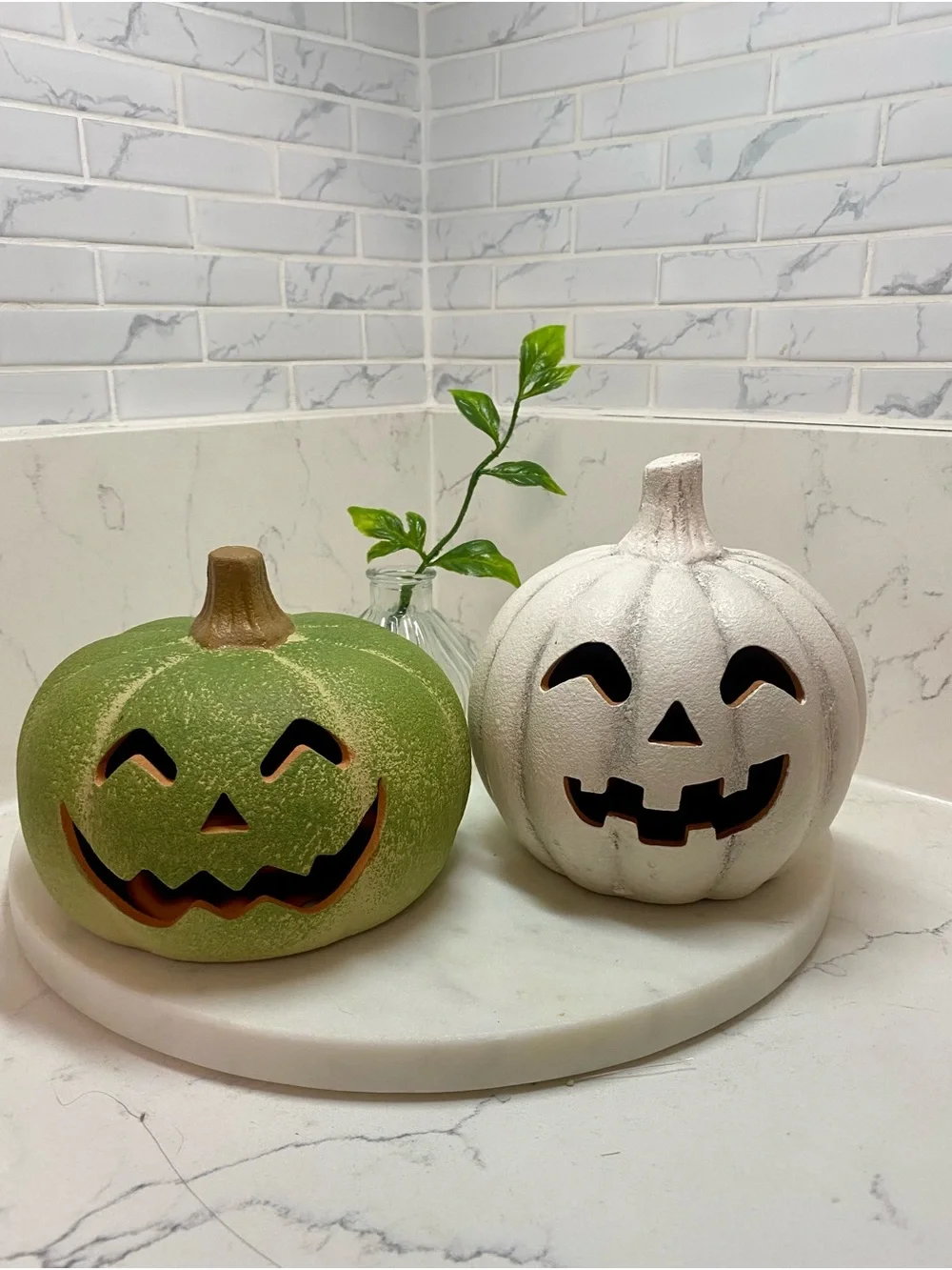 Decorative Halloween Ceramic Pumpkin - White and Green Jack-O'-Lanterns